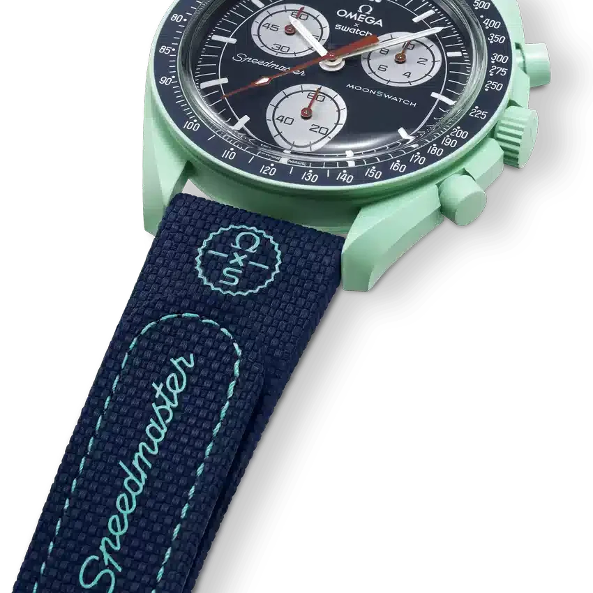 Correa de caucho azul oscuro/verde de MoonSwatch