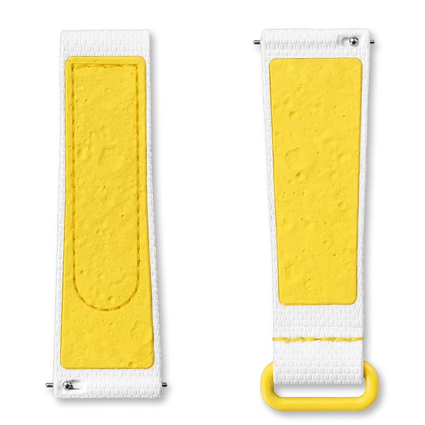 Correa de caucho MoonSwatch en blanco y amarillo