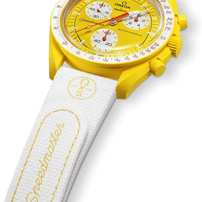 Correa de caucho MoonSwatch en blanco y amarillo