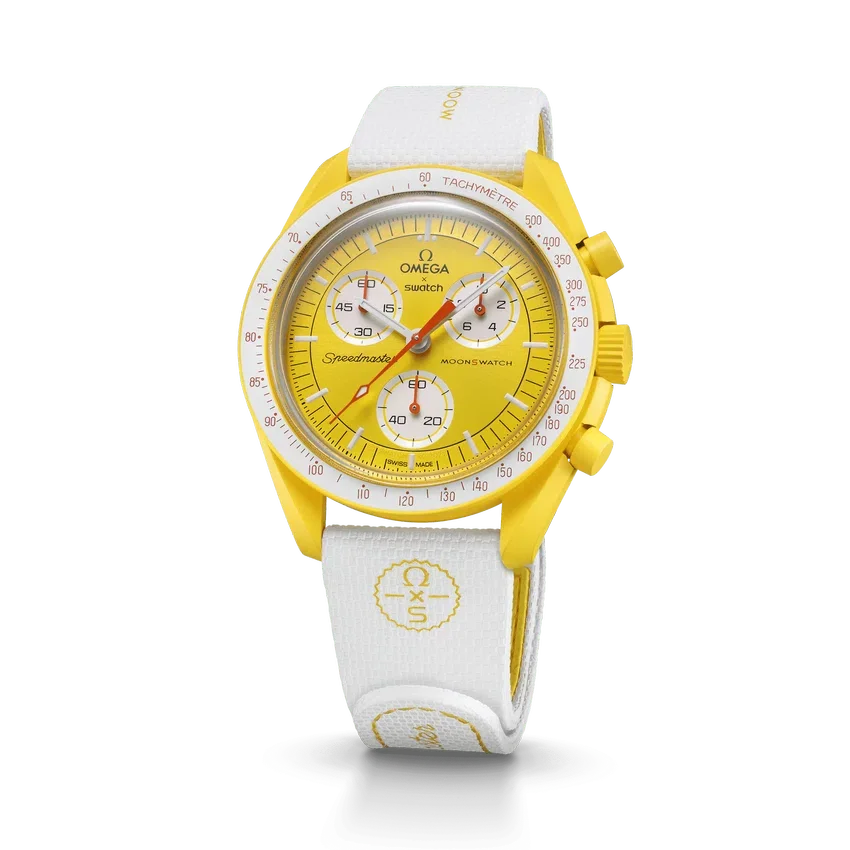 Correa de caucho MoonSwatch en blanco y amarillo