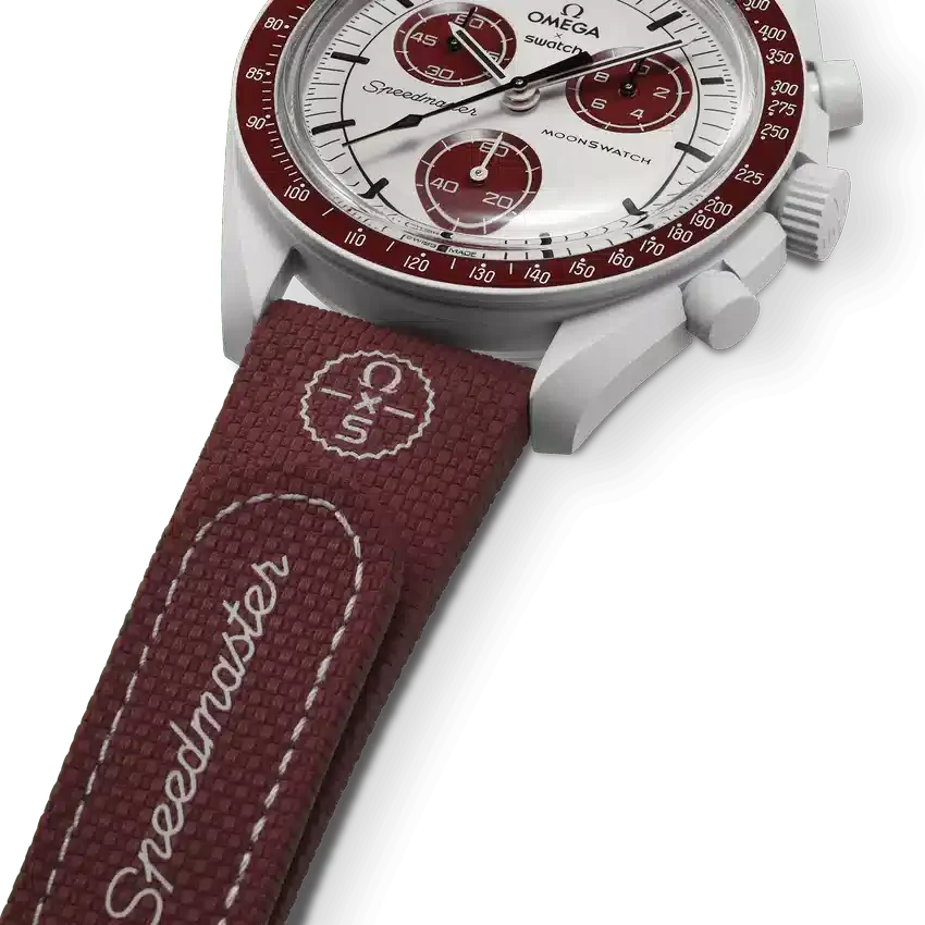 MoonSwatch de caucho burdeos/gris claro
