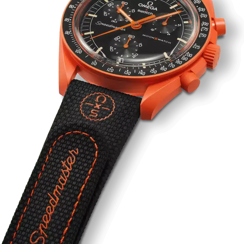 MoonSwatch de caucho negro/naranja