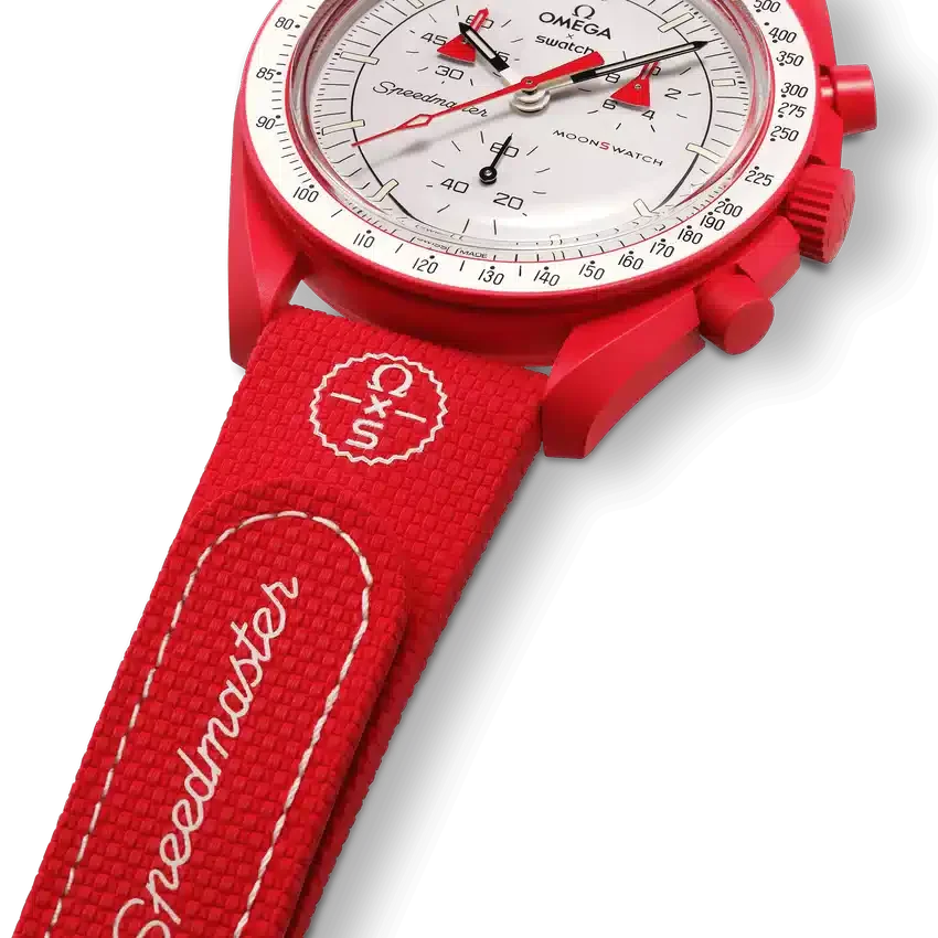 MoonSwatch de caucho rojo/blanco