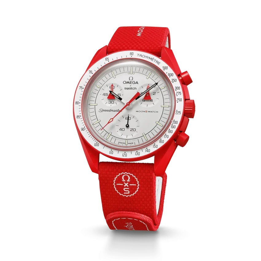 MoonSwatch de caucho rojo/blanco