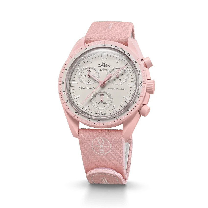 MoonSwatch de caucho rosa claro/blanco